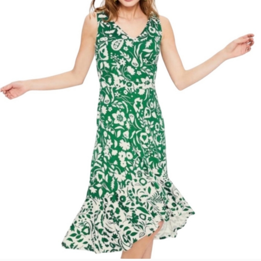 Boden Leafy Green and White Midi Dress